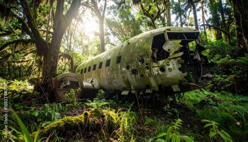 Wallpaper Mural avión abandonado y corroído por el paso del tiempo, cubierto de óxido y con partes de su fuselaje deterioradas. La aeronave está medio oculta entre la maleza, rodeada de un denso bosque con árboles  Torontodigital.ca