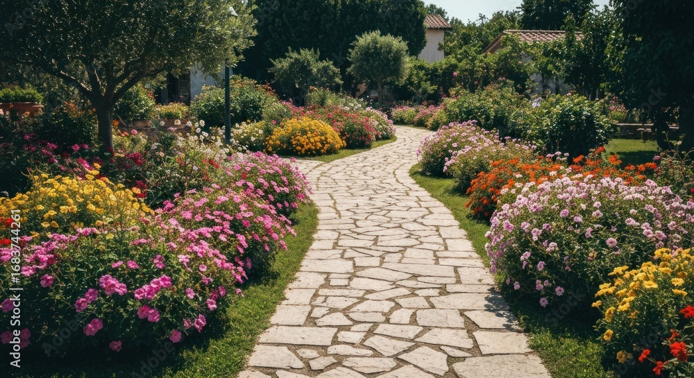 Obraz premium Winding stone path through vibrant flower garden
