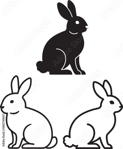 Three rabbits one black silhouette two outline isolated on white background
