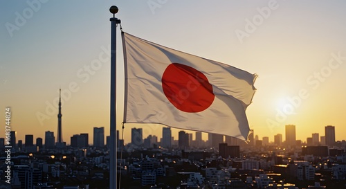 The Japanese flag waving in the wind against a stunning cityscape at sunset. The flag's red sun disc is a symbol of the country's history, culture, and pride, silhouetted against the cityscape.