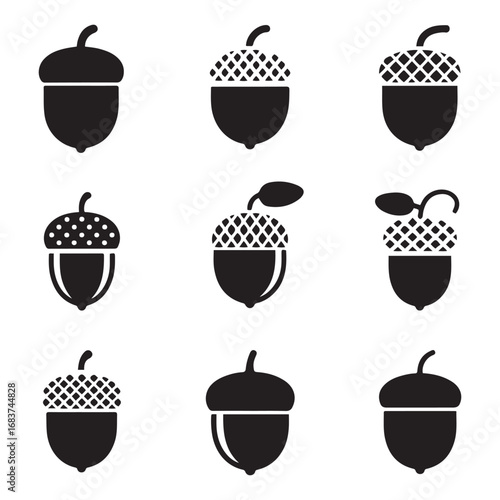 Set Acorn icon. Vector concept illustration for design. Vector black silhouette. with white background