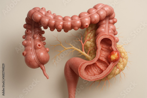 Human Colon Anatomy with Polyp Illustration