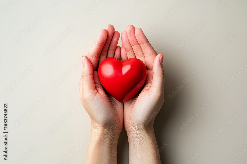 Fototapeta premium A red heart rests gently within the loving embrace of two hands against a neutral backdrop.