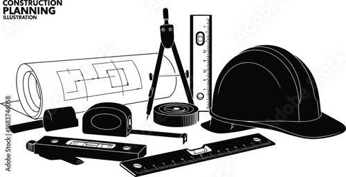 Construction planning tools, blueprint, hard hat, measuring tape, ruler, compass, engineering drawing, architecture equipment, construction site tools