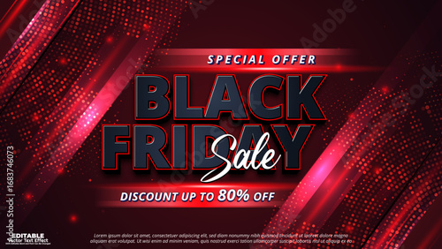 Special offer black friday sale discount up to 80% off 3d editable vector text effect. Customizable glowing red typography style for creative ads and social media marketing.