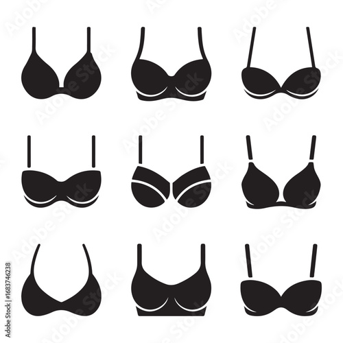 Set Bra icon. Vector concept illustration for design. Vector black silhouette. with white background