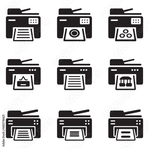 Set Multifunction printer icon. Vector concept illustration for design. Vector black silhouette. with white background