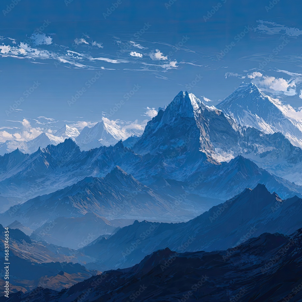 Fototapeta premium Majestic mountain range under a vibrant blue sky. Vast peaks, snow-capped and layered in shades of blue, dominate the landscape. Soft, diffused light bathes the scene in serene tones