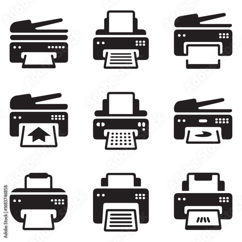 Set Multifunction printer icon. Vector concept illustration for design. Vector black silhouette. with white background