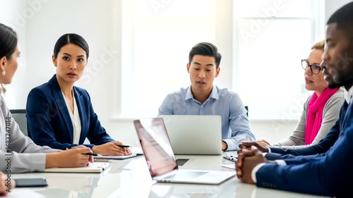 A diverse group of business professionals engaged in a collaborative meeting, focused on discussing ideas around a conference table.