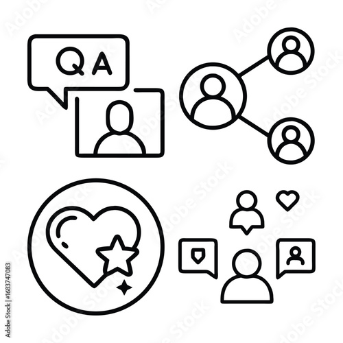 A collection of outline icons representing social media interactions like questions, connections, likes, and comments.