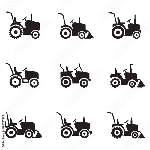 Set Lawn tractor icon. Vector concept illustration for design. Vector black silhouette. with white background