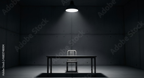 Solitary table and chair under a harsh spotlight in a dark, empty concrete interrogation room.