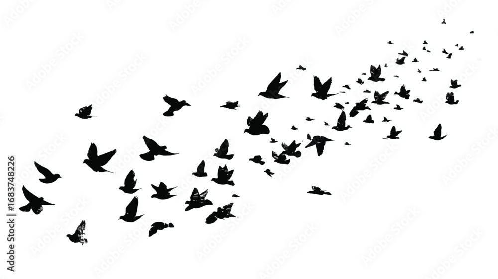 Obraz premium Flock of birds in flight silhouette against white background creating a sense of freedom and aspiration