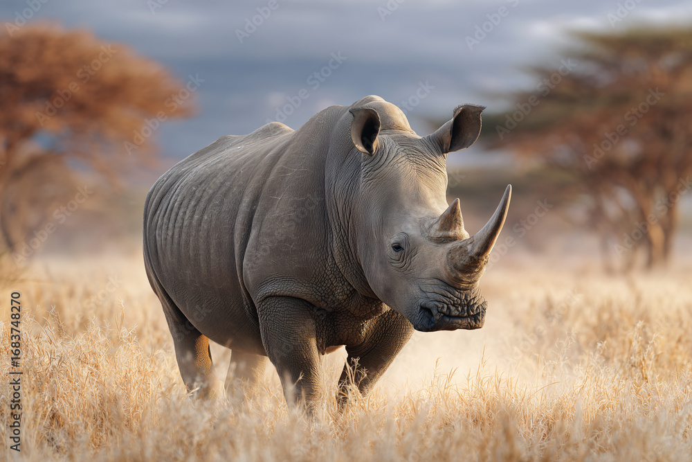 Obraz premium A majestic rhinoceros standing proudly in a grassy field, showcasing its impressive horn and sturdy physique. It's a symbol of strength and the wild