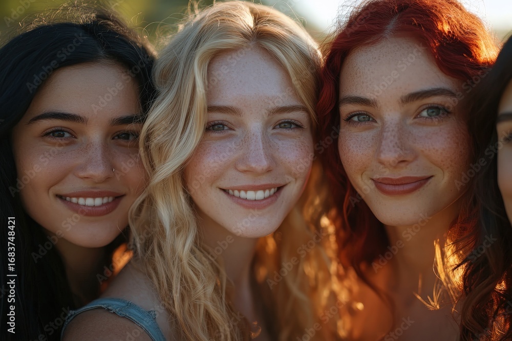 Fototapeta premium Four women, diverse in hair colors, are close together, smiling warmly and presenting joyful, confident expressions.