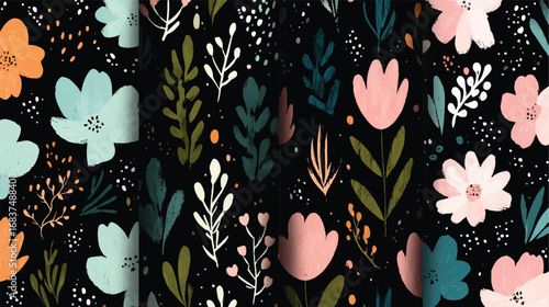 Floral arrangement pattern on a dark background showcasing botanical elements and pastel colors for elegant designs