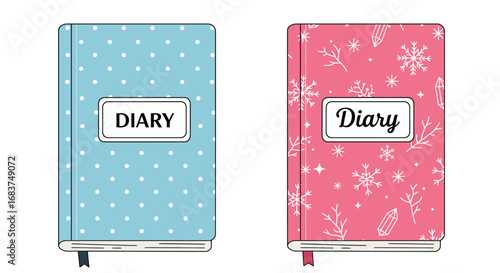 Two diary books with polka dots and snowflakes, isolated on white background, perfect for personal organization and winterthemed content creation