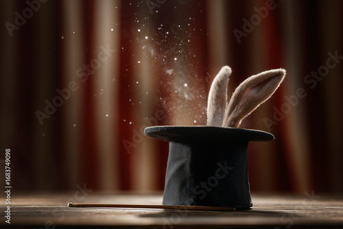 A magician's hat with rabbit ears peeking out, a classic illusion. The hat sits on a wooden surface, with a wand beside it, and shimmering particles.