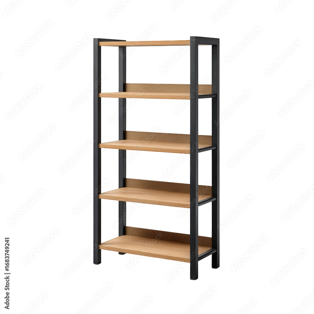 Modern wooden and black metal shelving unit isolated on transparent background Modern wooden and black metal shelving unit isolated on transparent background