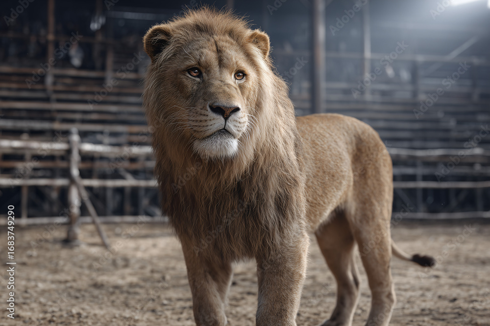 Obraz premium A majestic lion confidently stands, its gaze fixed with regal poise