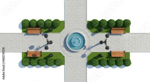 Wallpaper Mural Top view of a public park square with a central fountain, benches, and manicured bushes, isolated on white background Torontodigital.ca
