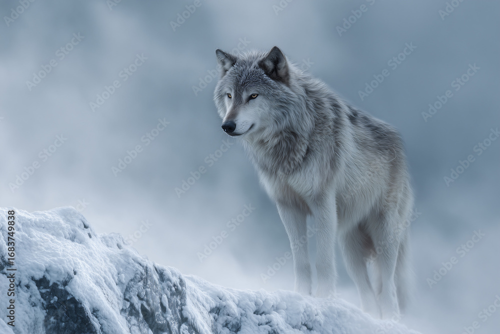 Fototapeta premium A majestic wolf standing on a snowy, mountainous terrain with a blurred background of a misty sky. It exudes strength and resilience, with a focused gaze.