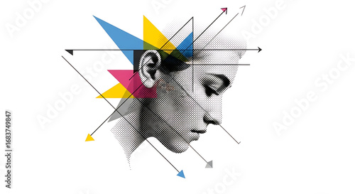 Woman's profile with halftone effect and colorful triangles and arrows on a white background design