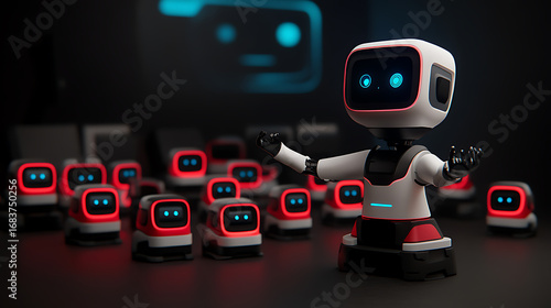 Robot with outstretched arms surrounded by smaller robots with glowing eyes