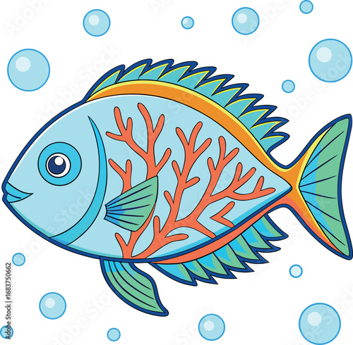 Charming cartoon blue fish with coral inside and bubbles underwater scene