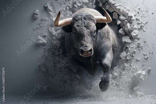 A powerful bull bursting through a wall, symbolizing strength and determination. The bull has massive horns and an intimidating presence. The wall is broken with the strong impact 