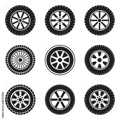 Set Road tire icon. Vector concept illustration for design. Vector black silhouette. with white background
