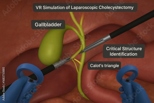VR Simulation of Laparoscopic Cholecystectomy, Illustration of Medical Training Simulation for Surgery]