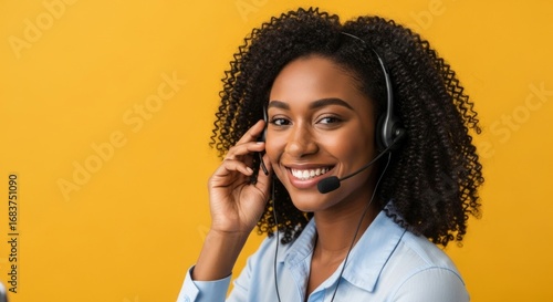 Friendly African American female call center agent wearing a headset and smiling, offering professional customer support against a vibrant yellow wall.