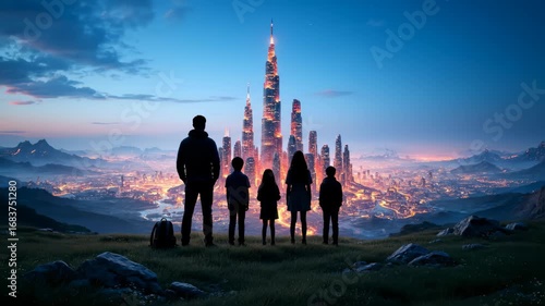 Family admiring futuristic city skyline at sunset in a scenic landscape