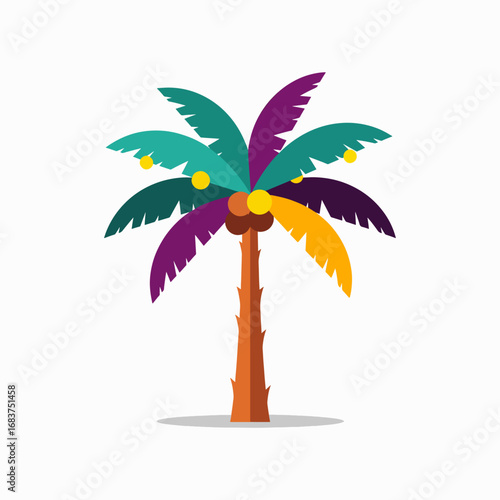 Vibrant Tropical Coconut Palm Tree with Green Teal Purple Yellow Leaves and Oranges