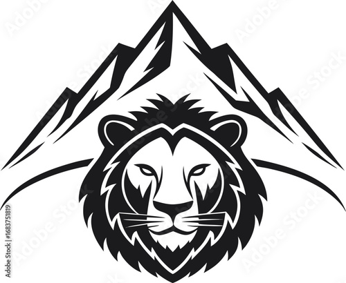 Majestic lion head emblem with mountain peak background symbolizing strength and adventure