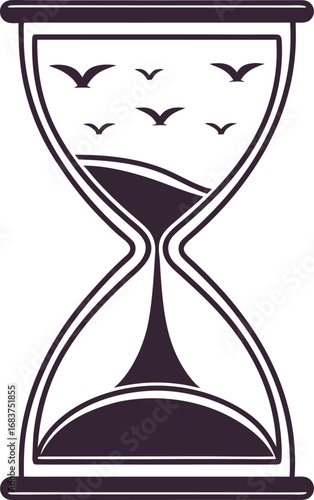 Symbolic hourglass with birds flying above representing passage of time and freedom