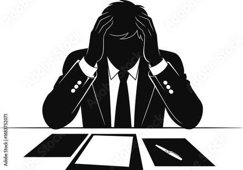 Stressed businessman holding head at desk with papers