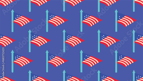 Isometric pattern of american flags on poles against a blue background