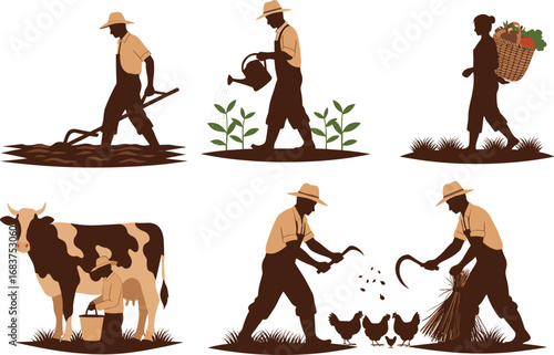 Farmer vector illustration, agriculture work, harvesting crops, feeding chickens, milking cow, watering plants, rural lifestyle, organic farming, countryside scene