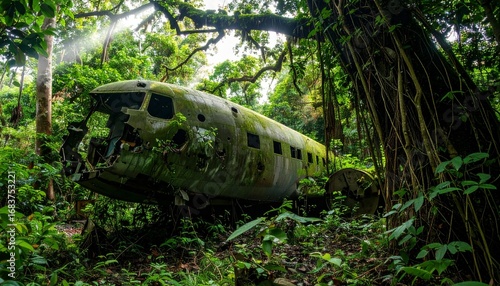Wallpaper Mural avión abandonado y corroído por el paso del tiempo, cubierto de óxido y con partes de su fuselaje deterioradas. La aeronave está medio oculta entre la maleza, rodeada de un denso bosque con árboles  Torontodigital.ca