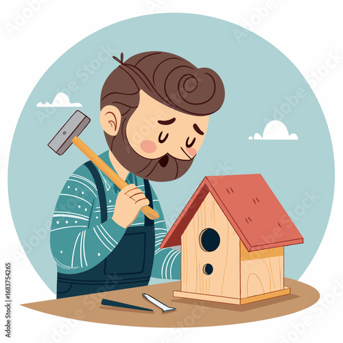 A bearded man in overalls carefully builds a wooden birdhouse with a hammer.