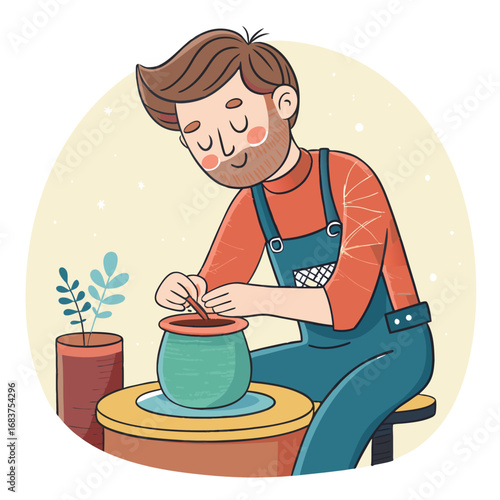 A bearded man in overalls creating pottery on a wheel.