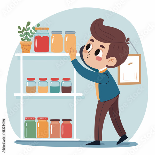 A cartoon boy reaching for a jar of preserves from a pantry shelf.