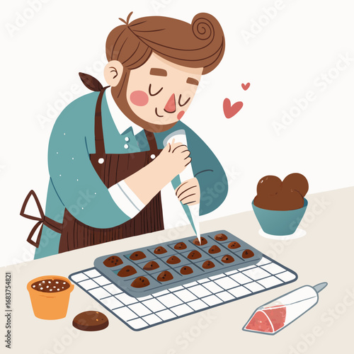 A charming illustration of a man making chocolate pralines with love.