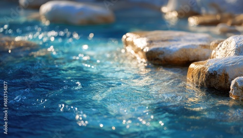 Wallpaper Mural Close-up of a shallow stream flowing over light beige stones.  Sunlight sparkles on the water's surface Torontodigital.ca