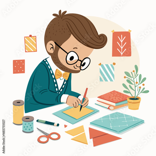 A Creative Man with a Beard and Glasses Working on a Craft Project.
