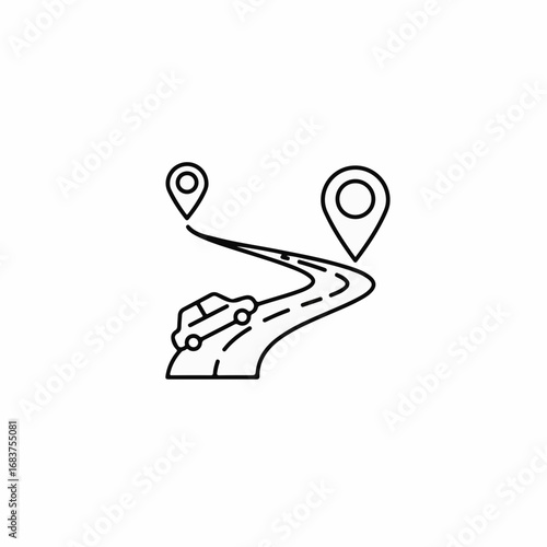 Dynamic car journey visualized with destination pins and winding road, symbolizing travel planning and route navigation for adventure seekers and road trip enthusiasts