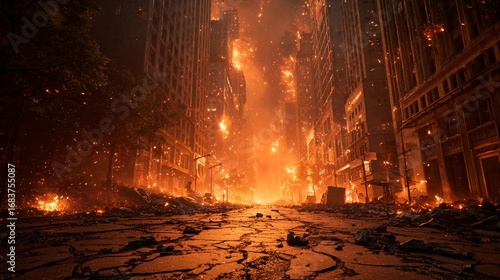 Wallpaper Mural Apocalyptic City Street Engulfed in Flames and Destruction Torontodigital.ca